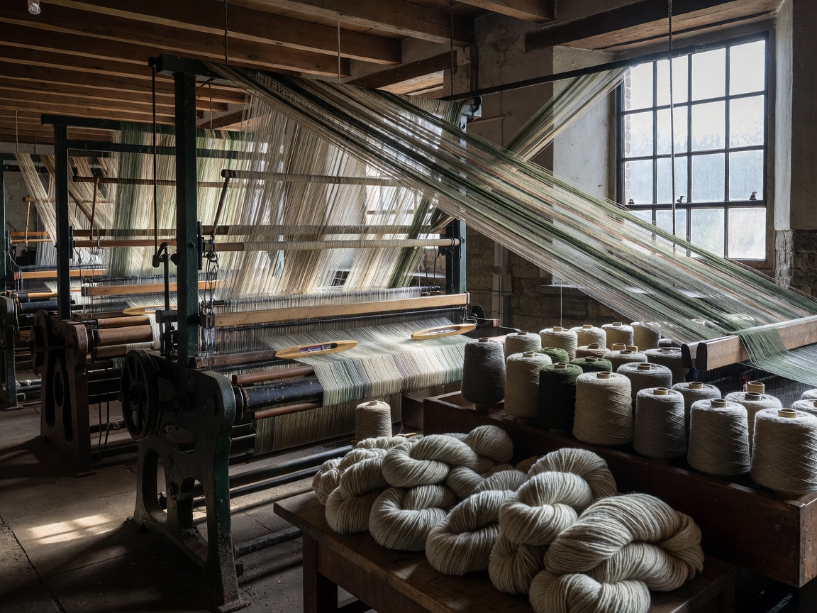 Fine wool yarns and weaving looms in Scottish textile mill