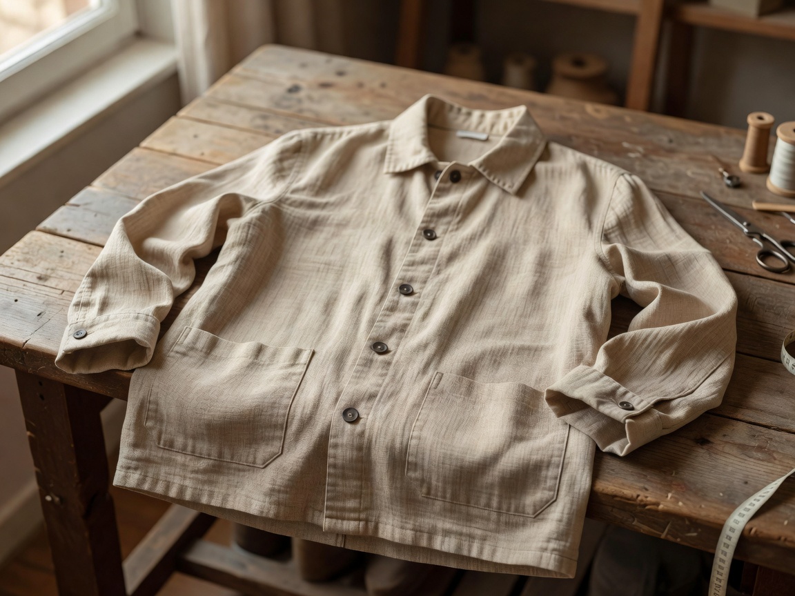 French unstructured linen chore jacket in bespoke beige tone