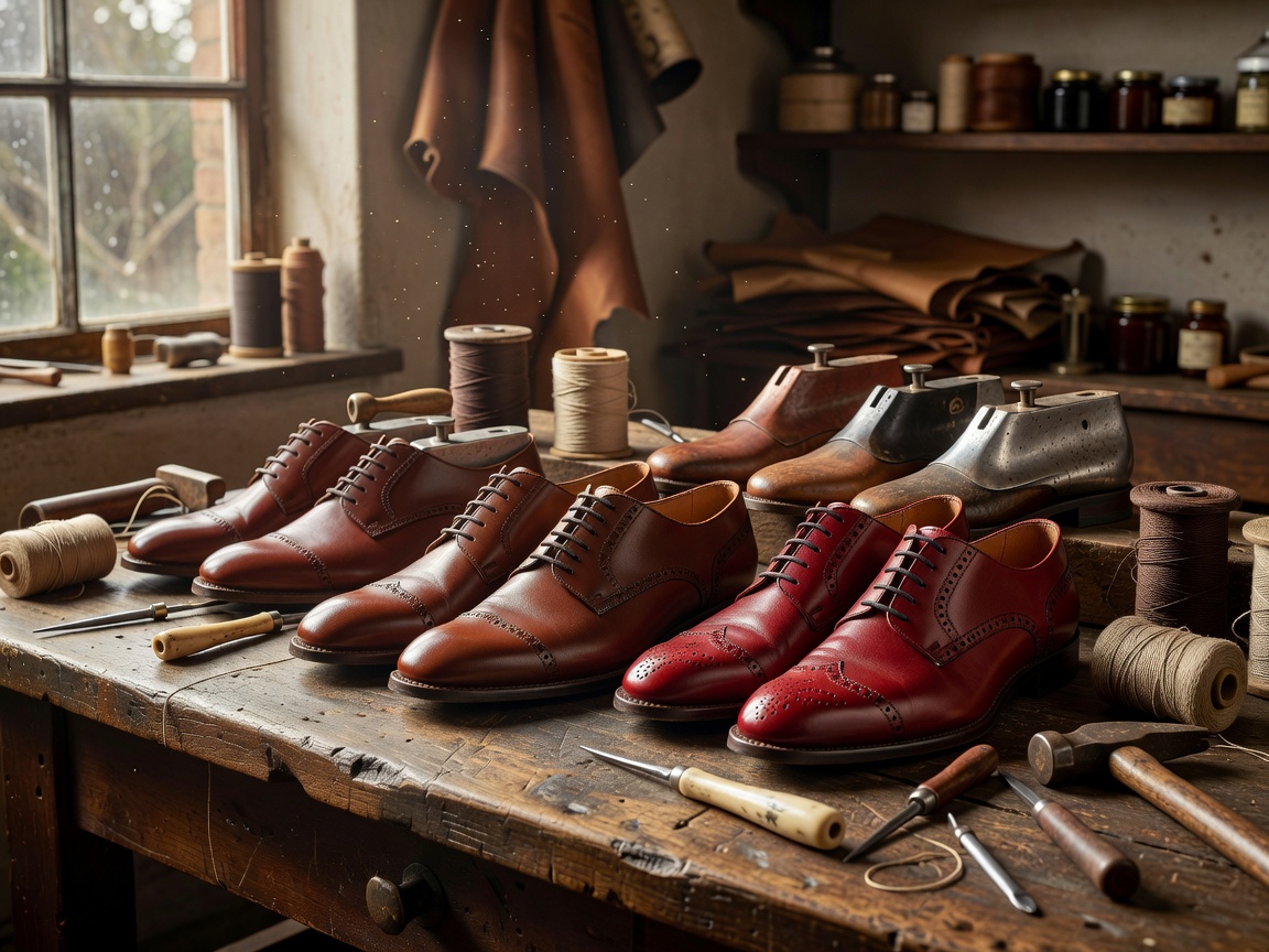 Hand-stitched leather derbies and shoes in artisan workshop