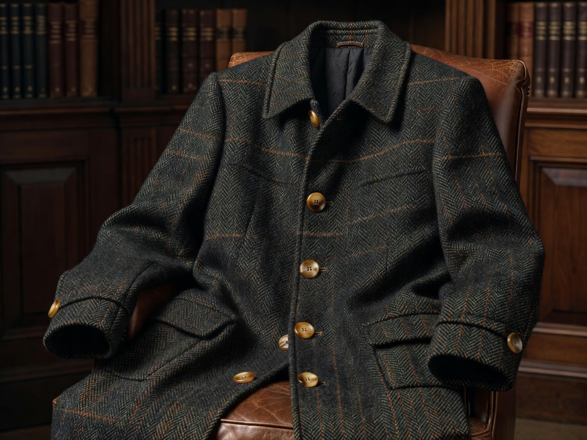 Heavy British tweed overcoat with natural horn buttons