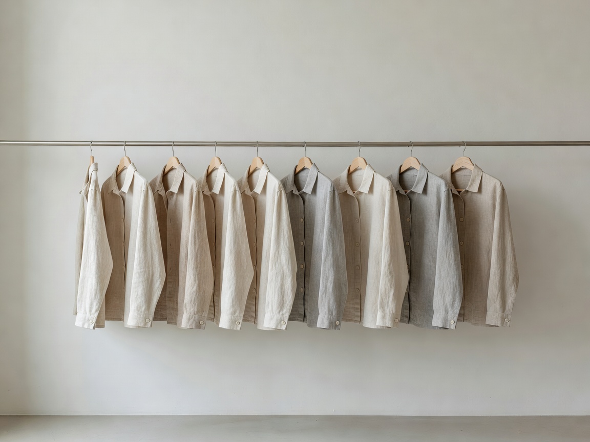 Minimalist linen chore jackets on display rack