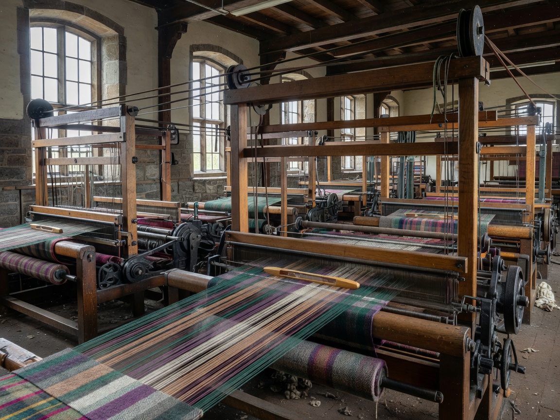 Weaving looms in a Scottish textile mill
